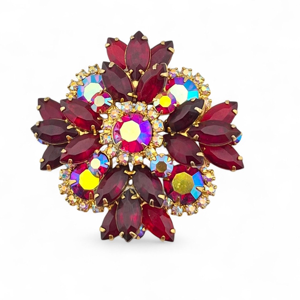 Juliana D&E Red Aurora Borealis Maltese Cross Brooch Pendant Gold Tone Statement
